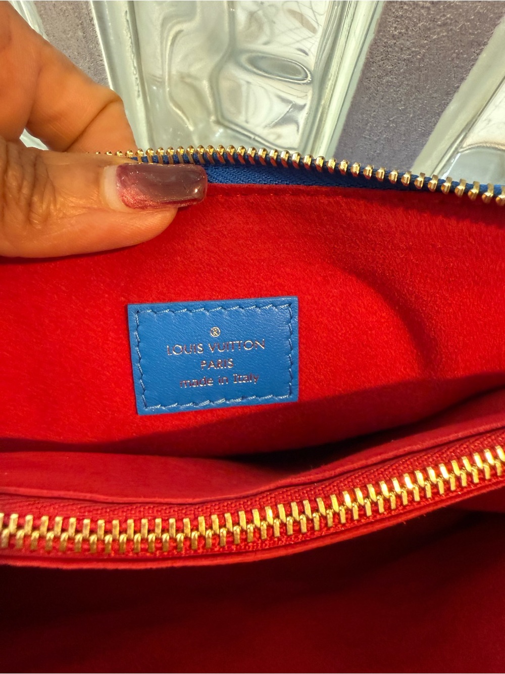 Louis Vuitton Blue & Red Quilted Monogram Coussin PM Bag with Gold Chain & Strap - Picture 10 of 14